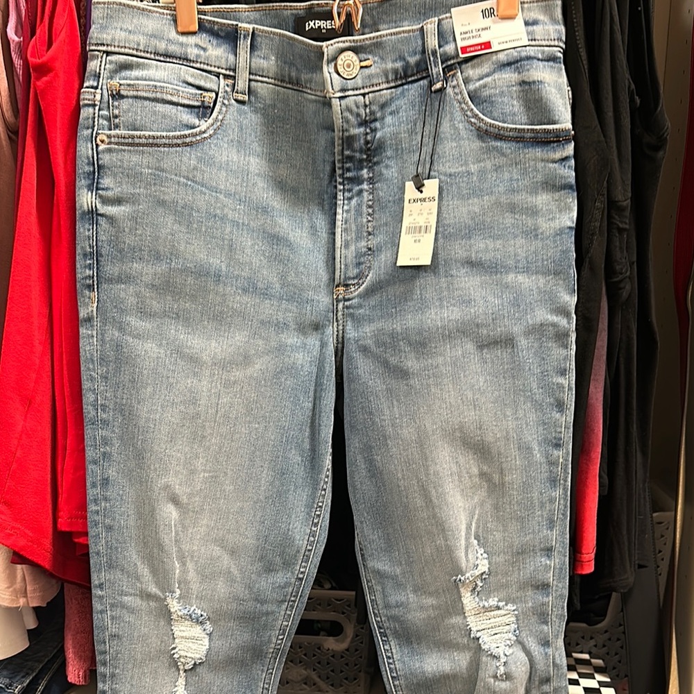 Express Blue Skinny Jeans with Distressed Details